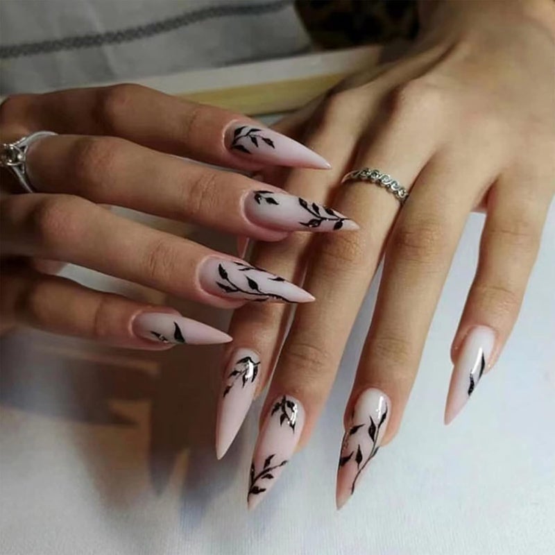 SINHOT Stiletto Press on Nails Extra Long Fake Nails with Glue Glossy False Nails with Black Leaves Designs Full Cover Almond Acrylic Nail 24pcs - Image 1